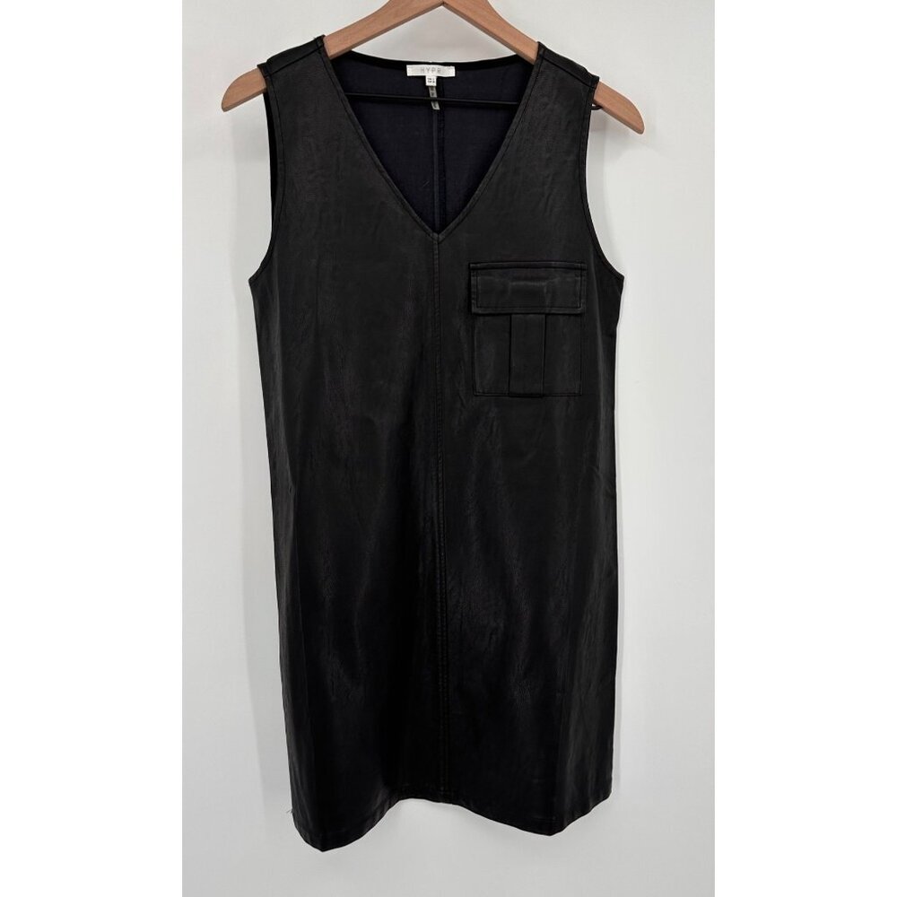 Hypr Faux Leather Dress Women Small Black Sleeveless V-Neck Knee Length Pocket